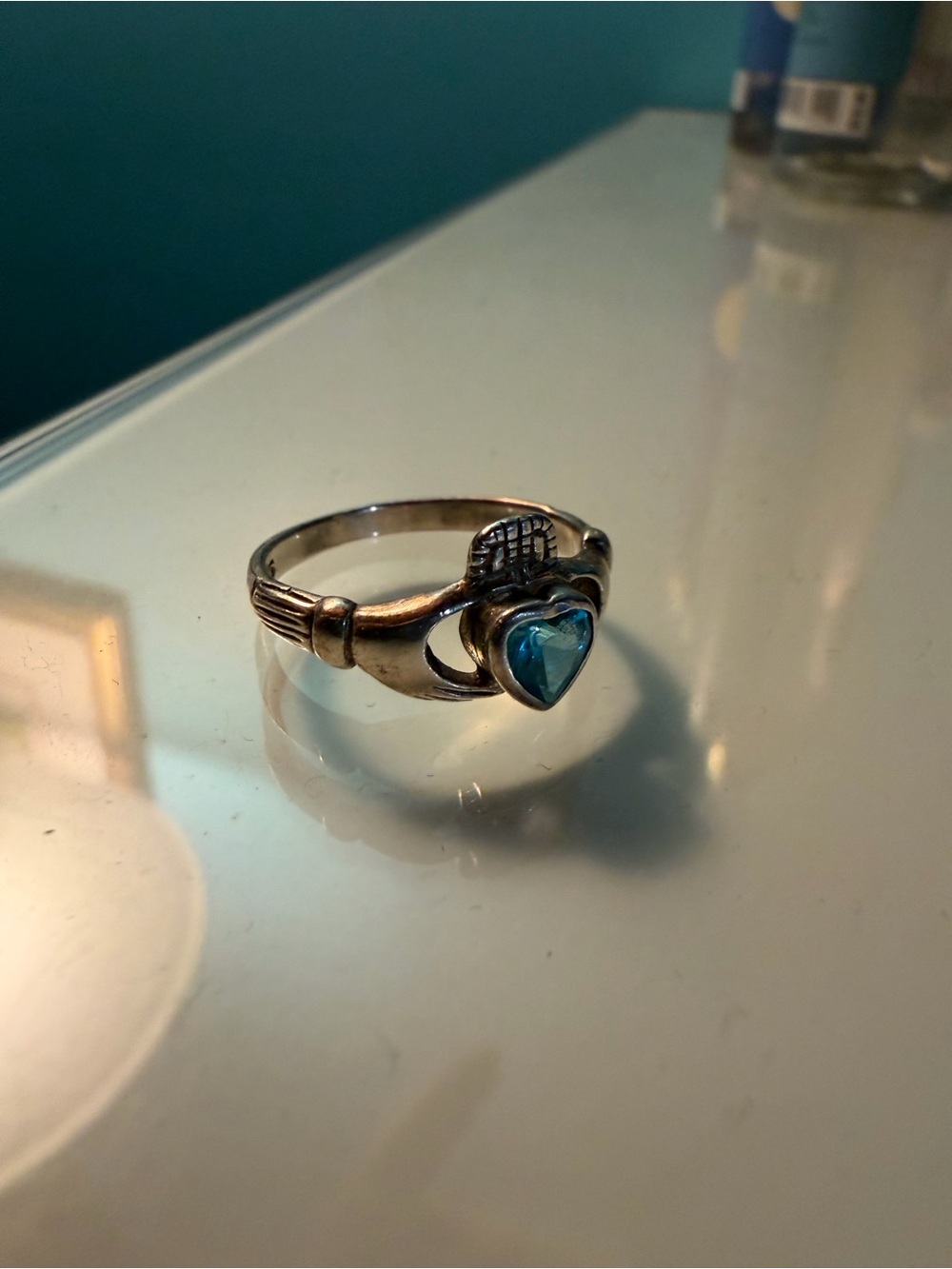 Sterling Silver Blue Heart Claddagh Ring